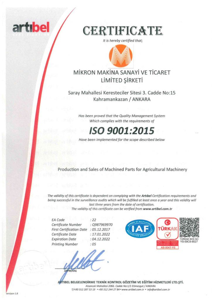 Tarım Makineleri ISO 9001 : 2015 Kalite Yönetim Sistemi